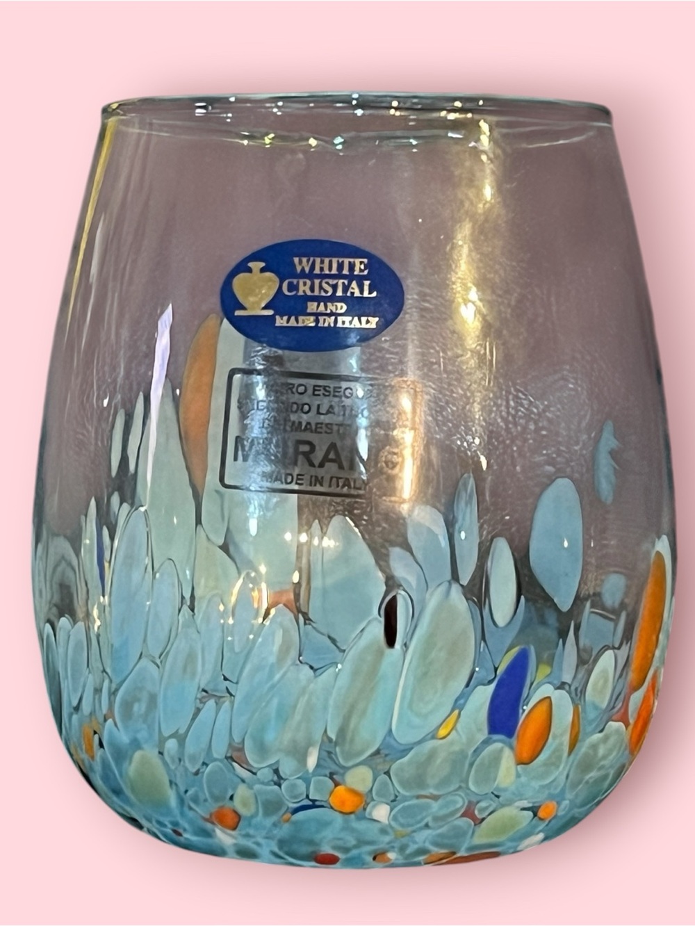 Murano Cristal White Stemless Wine Glasses (Blue Confetti) Set Of 3 - Picture 5 of 5